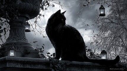 Black cat perched watchfully on stone ledge against moonlit garden
