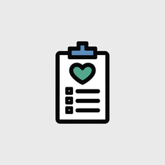 Minimalist Icon of a Medical Checklist Clipboard Featuring a Teal Heart and Black Checkboxes on a White Background with a Blue Clipboard Clip