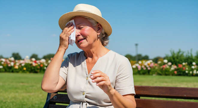 Elderly woman in a sun hat resting on a bench and wiping her face in a flower garden. Enjoying retirement while staying safe from summer heat and sunstroke, banner with copy space.