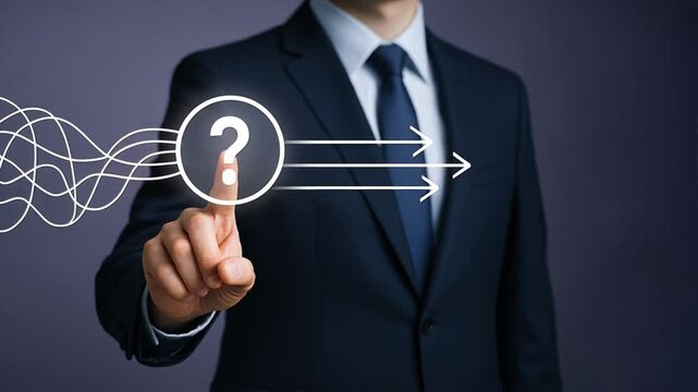 A businessman toching a glowing question mark icon with chaotic lines transforming into straight arrows, question mark, root cause analysis, question sign