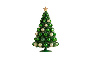 Fototapeta premium Traditional Christmas tree with green branches decorated with green and gold ornament balls, isolated on a transparent background