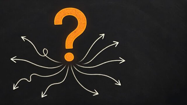 A orange question mark on a dark charcoal chalkboard surrounded by white chalk arrows, question mark, root cause analysis, question sign