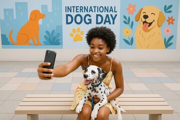 Smiling woman taking selfie with Dalmatian puppy before Dog Day mural