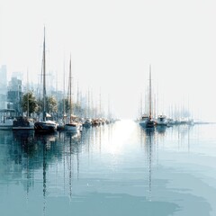 Serene Marina Scene with Sailboats and Reflections on Calm Water in Soft Light