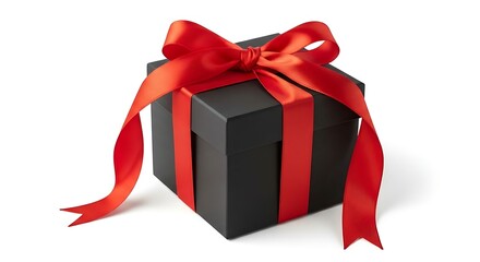 Black gift box with red ribbon bow isolated on white background
