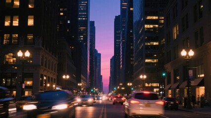 Fototapeta premium Night view of the city street, with tall buildings, interwoven street lamps and car lights, and a pink - purple sunset glow in the sky, showing the prosperity and romance of the city.