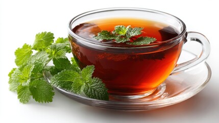 Aromatic Mint Tea in Clear Glass Cup with Fresh Mint Leaves on White Background
