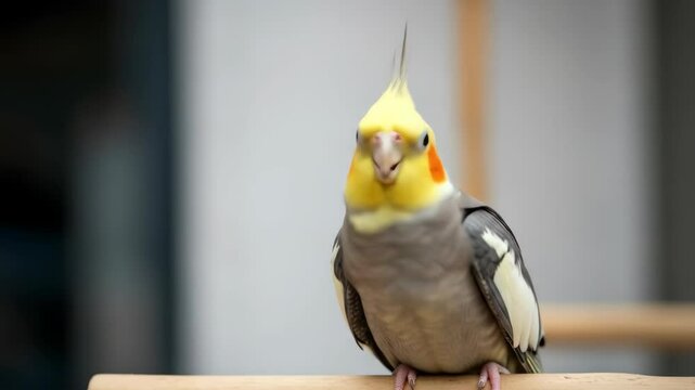 Portrait of a cute cockatiel bird, yellow and gray parrot pet, perched on branch indoors.