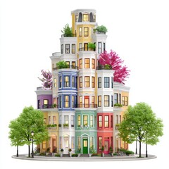 Stacked Colorful Townhouses with Balconies and Trees, Unique Architecture Concept