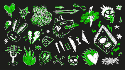 Punk scribble doodles: skulls, stars, pins, lightning, grunge style