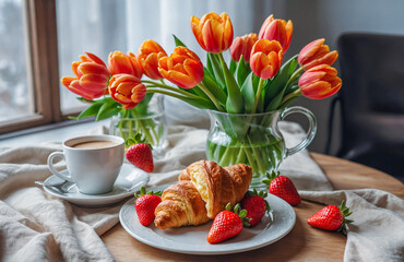 Golden Hour Breakfast With Tulips, Croissants, Strawberries, And A Cozy Cup