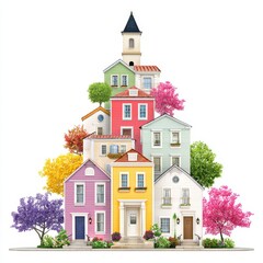 Stacked Colorful Houses with Trees, Whimsical Architecture on White Background