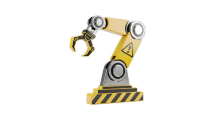 Yellow and silver robotic arm with a hazard symbol, isolated on a white background, ready for industrial tasks.