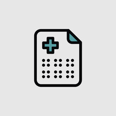 Minimalist Icon of a Medical Report Document with a Blue Cross Symbol Green Corner and Black Outline on a Light Gray Background Featuring a Dotted Data Pattern