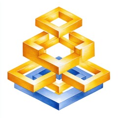 Abstract Watercolor Geometric Shape Composition with Squares in Gold and Blue