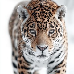Close-up Portrait of a Jaguar with Intense Gaze in a Snowy Environment