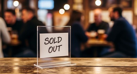 Sold out sign on a bar table with blurred people in background