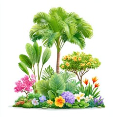 Lush Tropical Garden with Palm Tree, Hibiscus, Hydrangea and Bird of Paradise Flowers