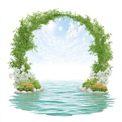Floral Archway Over Water with Sky Background, Nature Portal, Fantasy Landscape
