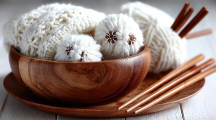 Cozy Knitting Still Life: Yarn Balls, Wooden Bowl, and Knitting Needles