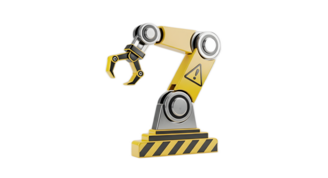 Yellow and silver robotic arm with a hazard symbol, isolated on a white background, ready for industrial tasks.