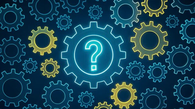 Multiple interconnected gears with glowing outlines surronded a glowing question mark, question mark, root cause analysis, question sign