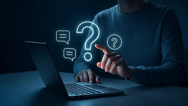 A man sitting at a desk with a laptop pointing at a floating glowing question mark with speech bubble, question mark, root cause analysis, question sign