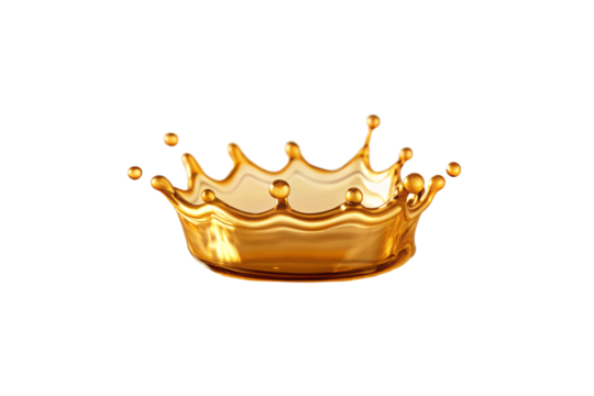 Golden liquid crown splash with ripples and droplets creating dynamic fluid motion effect, isolated on a transparent background
