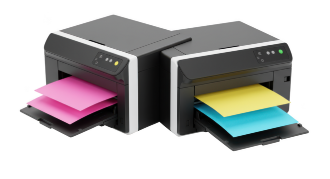 Two modern black and white printers with colored paper in the output tray isolated on transparent background