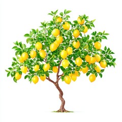 Abundant Lemon Tree with Ripe Yellow Fruits and Green Leaves on White Background