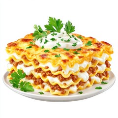 Delicious Homemade Lasagna with Meat Sauce, Cheese and Cream Topping on White Plate