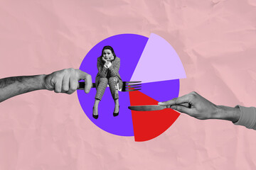 Trendy art creative full pop photo collage of happy businesswoman businessman sit diagram graph...