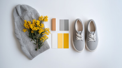 Seasonal fashion flat lay with gray sweater white sneakers and yellow flowers for style inspiration