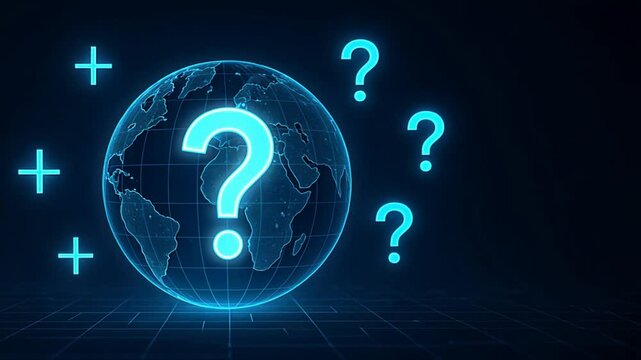 A glowing translucent globe with a central question mark cross is around a globe, question mark, root cause analysis, question sign