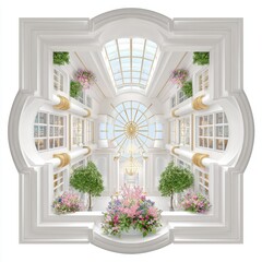 Elegant Interior with Skylight, Chandeliers, and Floral Arrangements in White and Gold