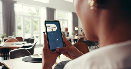 Phone screen, life insurance and app with hands of person for digital application, ui and check. Claims status, membership benefits and medical cover with woman for biometric login and online review