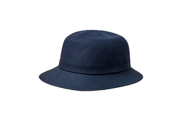 Navy blue cotton bucket hat with wide brim and fabric construction for casual outdoor sun protection, isolated on a transparent background