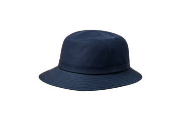 Navy blue cotton bucket hat with wide brim and fabric construction for casual outdoor sun protection, isolated on a transparent background