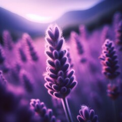 A captivating close-up of a lavender plant with fuzzy purple blossoms, set against a soft, blurred background of a field at sunset.