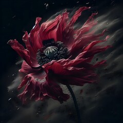 A dramatic close-up of a vibrant red poppy flower with ruffled petals, set against a dark, textured background with a swirling, smoky effect.