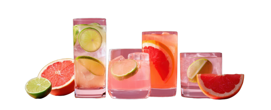 Refreshing citrus and grapefruit drinks in glass tumblers