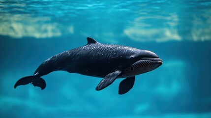 Fototapeta premium Dark dolphin swimming in a clear aquarium.