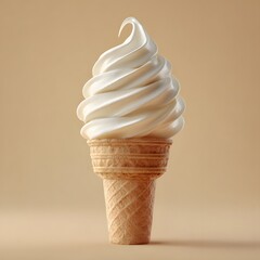 Vanilla soft serve ice cream cone on beige background in minimalist style
