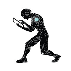 Fototapeta premium Cyborg Holding a Futuristic Tablet Vector Black