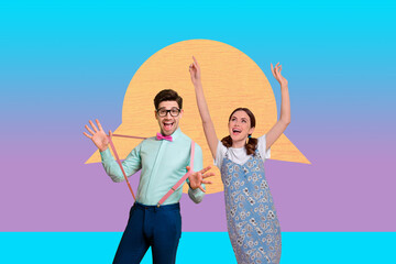 Full image 3d poster art collage of happy girl guy stand bubble communication chatterbox speech...
