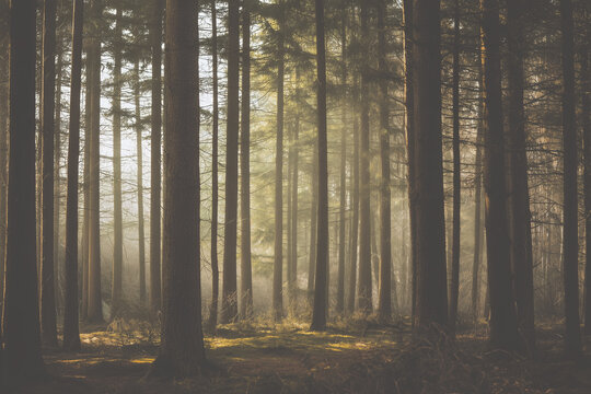 Serene, atmospheric forest scene with tall pine trees bathed in soft, misty sunlight. Ideal as a tranquil background, evoking nature, peace, and quiet contemplation.