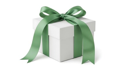 White gift box with green ribbon bow isolated on white background