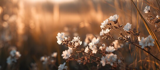 Dried wildflowers glowing in warm golden sunlight during autumn