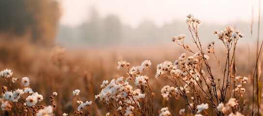 Dried wildflowers glowing in warm golden sunlight during autumn