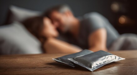 Close-up of condom on nightstand with couple cuddling in bed blurred in background

